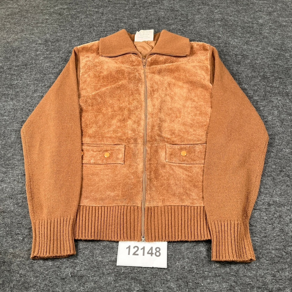 Vintage Royal Knight Jacket Mens Medium Brown Genuine Leather Back Knit Collared